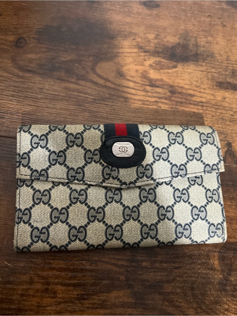 Gucci Beige GG Canvas Wallet with Navy and Red Stripe